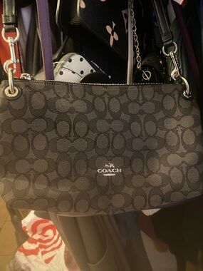 Coach Black Signature Canvas Shoulder Bag with Silver Logo